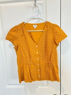 J. Crew Mustard Eyelet Button-Front Peplum Blouse